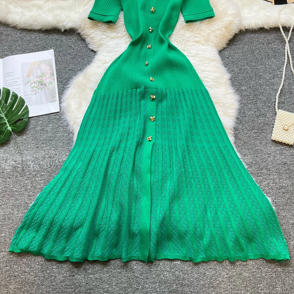 YuooMuoo Brand Fashion Vintage Turn-down Collar Knit Maxi Dress Elegant Single-breasted A-line Long Shirt Dress Lady Vestidos Beauty World Shop