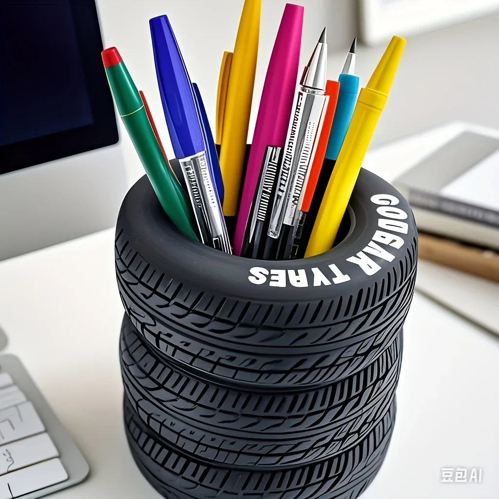 1pcs Fun Tire-Shaped Pen Holder -PVC Desk Organizer, Ideal for School and Office Supplies, Painted Finish, Office Supplies Beauty World Shop