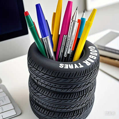1pcs Fun Tire-Shaped Pen Holder -PVC Desk Organizer, Ideal for School and Office Supplies, Painted Finish, Office Supplies Beauty World Shop