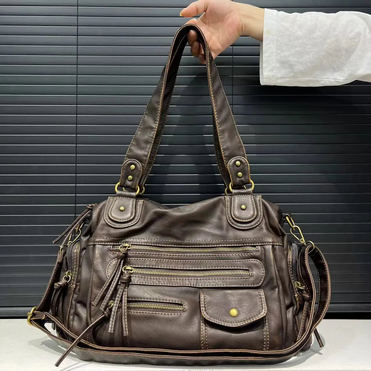 Y2K Hot Girl Single Shoulder Crossbody Bag Vintage Washed Leather Motorcycle Bag Large Capacity Multi Pocket Bag Beauty World Shop