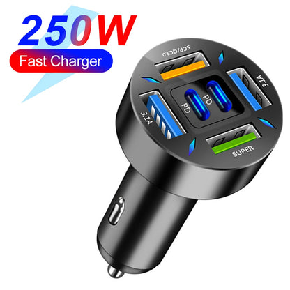 66-250W PD Car Charger QC3.0 Fast Charge One to Six Car Cigarette Lighter Plug Car Charger Flash Charge with Digital Display Beauty World Shop