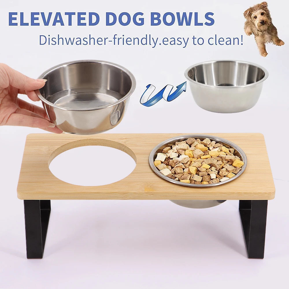 Elevated Cat Bowls 15° Tilted Raised Cat Food Bowls with Wooden Stand Anti Vomiting 2 Stainless Steel Bowls for Cats and Puppy Beauty World Shop
