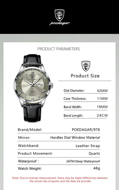 POEDAGAR Business Brand Men Clock Waterproof Luminous Date Week Fashion Man Wristwatch Leather Luxury Men's Quartz Watches Reloj Beauty World Shop