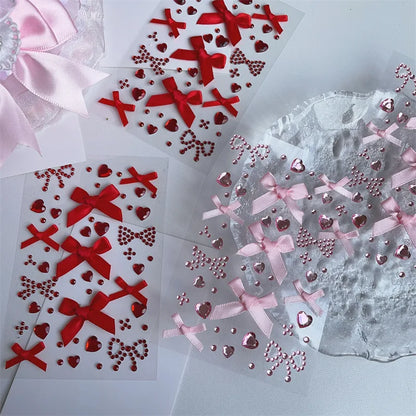 DIY Decor Kpop Photocard Sticker 3D Stereo Bow Heart Style Scrapbook Journal Stuicker Cute Pink Red Color Phone Shell Sticker Beauty World Shop