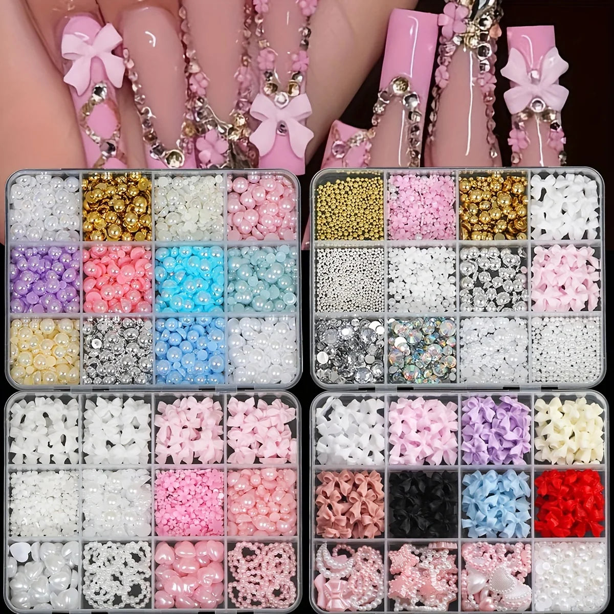 500PCS 3D Nail Art Decoration Kit with Resin Bows, Flat Back Pearls, and Assorted Shapes – Unscented DIY Craft Embellishments Beauty World Shop
