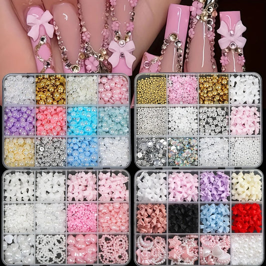 500PCS 3D Nail Art Decoration Kit with Resin Bows, Flat Back Pearls, and Assorted Shapes – Unscented DIY Craft Embellishments Beauty World Shop