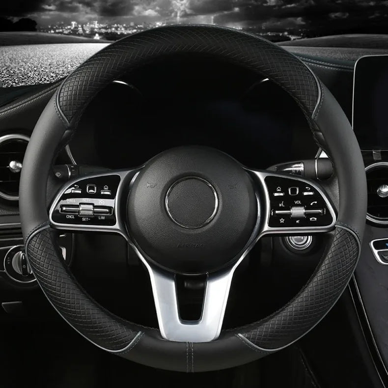 All Seasons Leather Diamond Steering Wheel Cover Universal Fit for 14 .5-15 Inch Durable Leather Cover Anti-Slip Veins Design Beauty World Shop