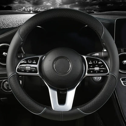 All Seasons Leather Diamond Steering Wheel Cover Universal Fit for 14 .5-15 Inch Durable Leather Cover Anti-Slip Veins Design Beauty World Shop