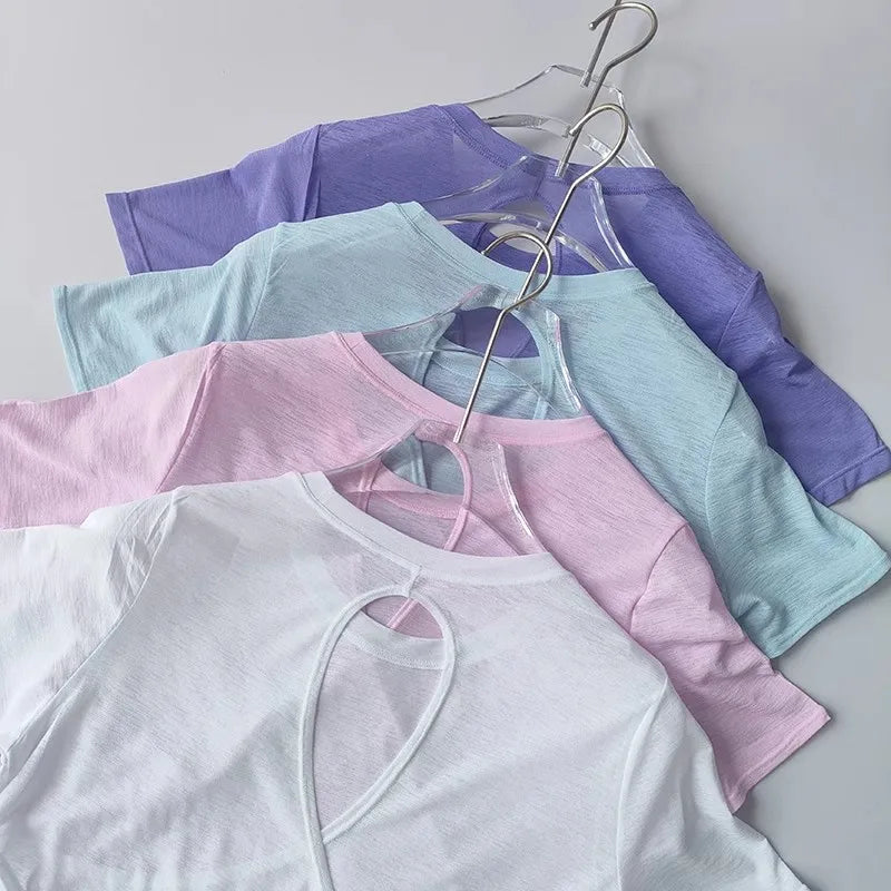 Women's Tight Sports T-shirt Quick Dry Short Sleeve Yoga T-shirt Pilates Fitting Fitness Back Hollow Out Running T-shirt Beauty World Shop