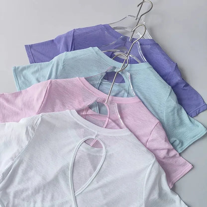 Women's Tight Sports T-shirt Quick Dry Short Sleeve Yoga T-shirt Pilates Fitting Fitness Back Hollow Out Running T-shirt Beauty World Shop