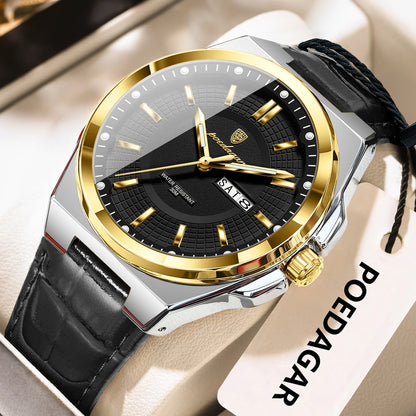 POEDAGAR Fashion Brand Man Wristwatch Waterproof Luminous Date Week Quartz Luxury Men's Watches Leather Business Men Watch Reloj Beauty World Shop
