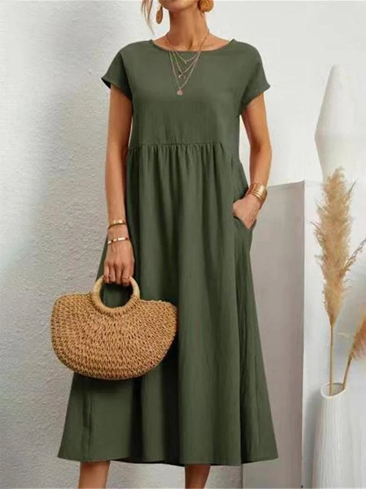 Women Elegant Solid Maxi Dress Summer Short Sleeve O Neck Vintage Harajuku Cotton Linen Loose Sundress Y2K Pockets Long Dress Beauty World Shop