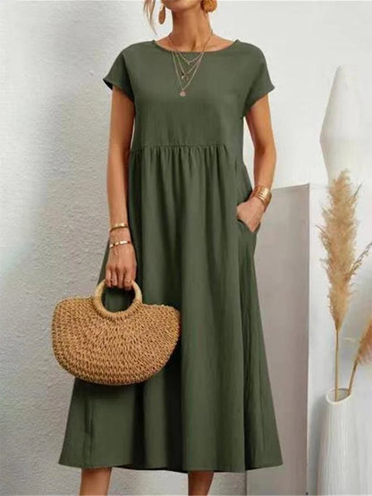 Women Elegant Solid Maxi Dress Summer Short Sleeve O Neck Vintage Harajuku Cotton Linen Loose Sundress Y2K Pockets Long Dress Beauty World Shop
