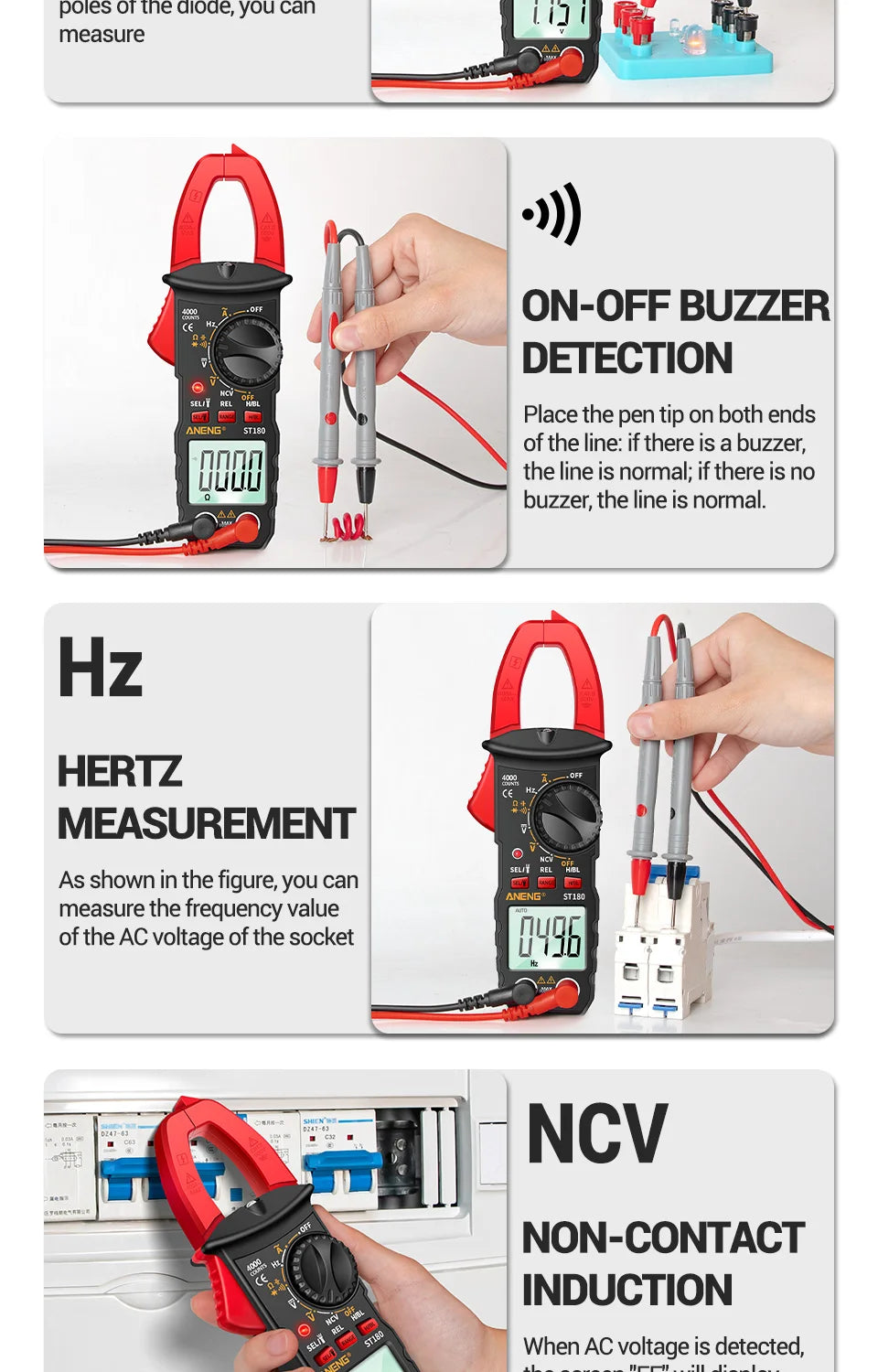 ANENG ST180 AC Current Clamp Meter  Digital 4000 Counts Multimeter Ammeter Voltage Tester Car Amp Hz Capacitance NCV Ohm Tool Beauty World Shop