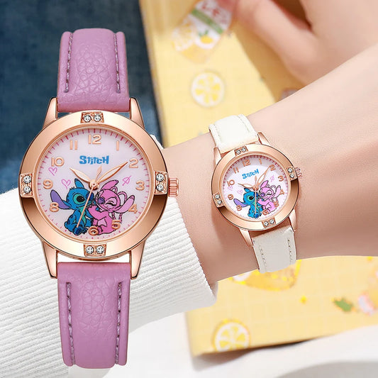 Fashion Cartoon Pattern Stitch Girls Watches Kids Leather Strap Children Watch with Rhinestone Dial reloj stich Exquisite Gift Beauty World Shop