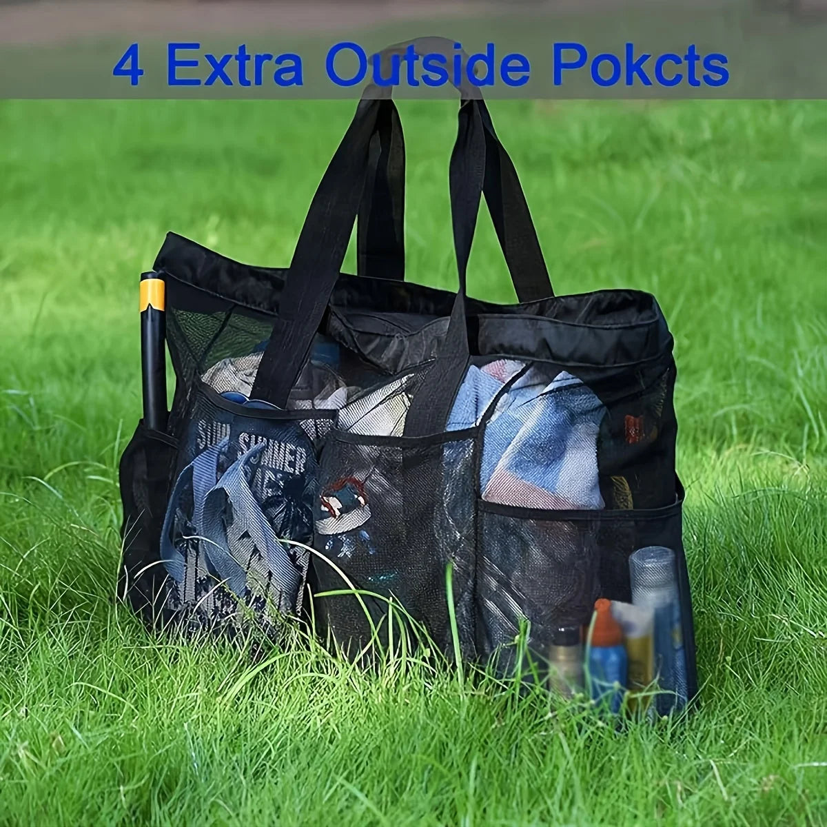 1pc Extra Large Mesh Beach Bag, Breathable Mesh Tote With Zipper & Side Pockets, Portable Large Capacity Finishing Organizer Bag Beauty World Shop
