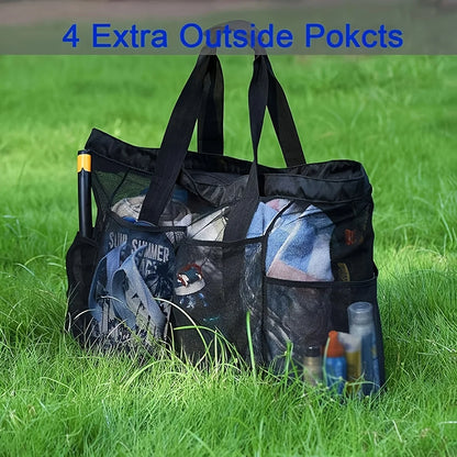 1pc Extra Large Mesh Beach Bag, Breathable Mesh Tote With Zipper & Side Pockets, Portable Large Capacity Finishing Organizer Bag Beauty World Shop
