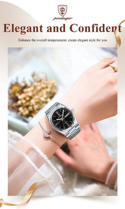 POEDAGAR Elegant Woman's Watch Date Week Waterproof Luminous Ladies Clock Quartz Stainless Steel Fashion Watches For Women Reloj Beauty World Shop