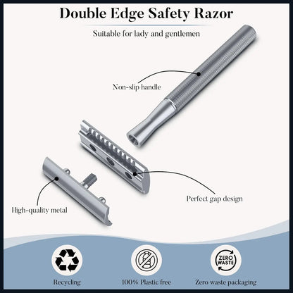 Double Edge Safety Razor for Men & Women, Metal Razor with 10 Platinum Coated Safety Razor Blades, Eco-Friendly Razor Beauty World Shop