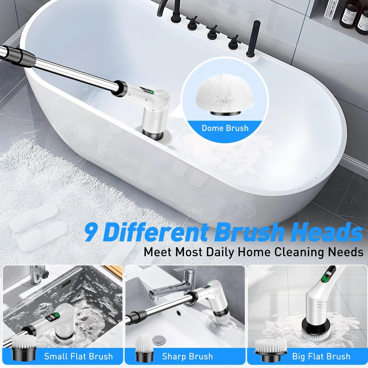 Multi-Purpose 9 in 1 Cordless Electric Power Scrubber Bathroom 8 Scrub Brush with Adjustable Extension Handle Shower Scrubber Beauty World Shop