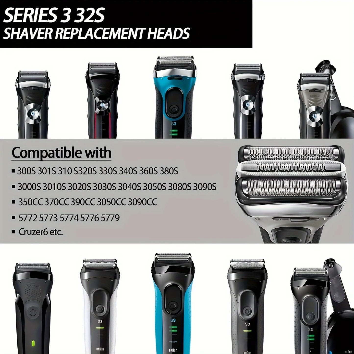 32S Series 3 Replacement Head for Braun S3 Shaver3000s,310s,3040s,3050cc,3010s,3070cc,3080s,3090s,350cc-4,370cc-4,380s-4,3090cc Beauty World Shop