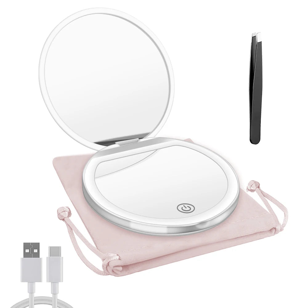 Compact Mirror with Light, 1X/3X Magnification LED Pocket Mirror with USB Data Cable, Pink Mini Mirror for Purse, Pocket,Travel Beauty World Shop