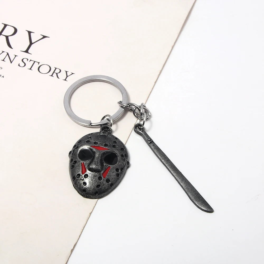 Horror Movie Halloween Keychain Hockey Mask Machete Metal Keyring Pendants Cosplay Props For Men Women Backpack Jewelry Beauty World Shop