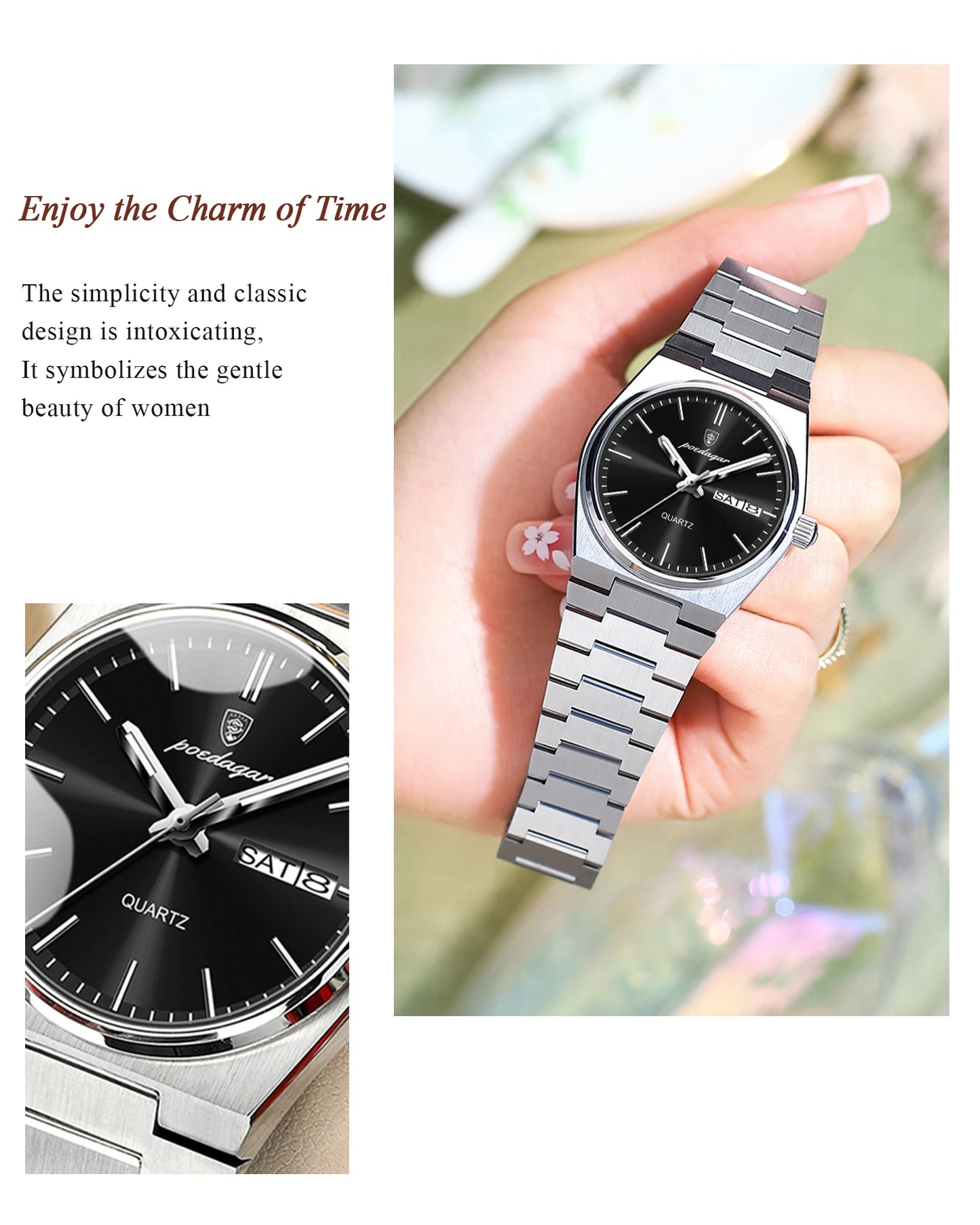 POEDAGAR Elegant Woman's Watch Date Week Waterproof Luminous Ladies Clock Quartz Stainless Steel Fashion Watches For Women Reloj Beauty World Shop
