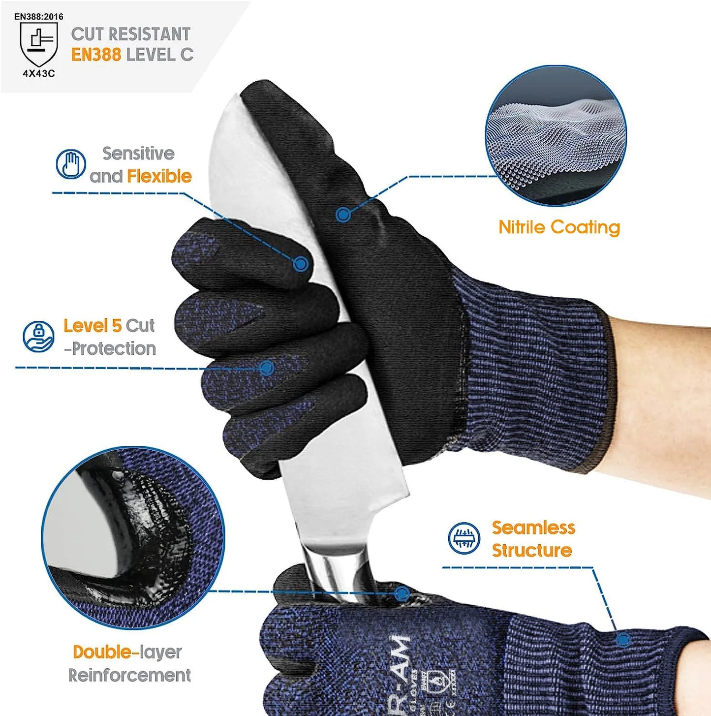 Level 5 Cut-Resistant Gloves, Firm Non-Slip Grip, Heavy Duty Work, Durable & Breathable Nitrile Foam Coated, Touchscreen Beauty World Shop