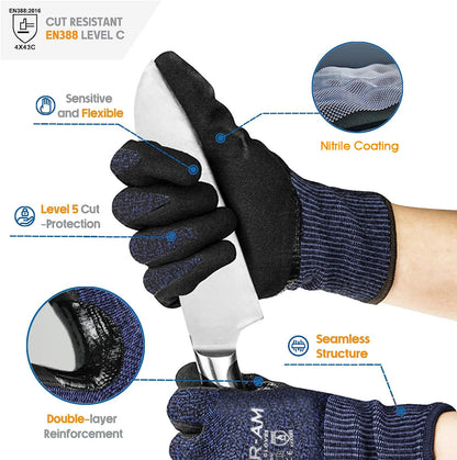 Level 5 Cut-Resistant Gloves, Firm Non-Slip Grip, Heavy Duty Work, Durable & Breathable Nitrile Foam Coated, Touchscreen Beauty World Shop