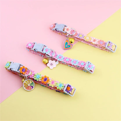 Fashion Rainbow Flower Cat Collar With Bell Kitten Puppy Necklace Adjustable Buckle Colorful Lace Kitten Collar Dog Accessories Beauty World Shop