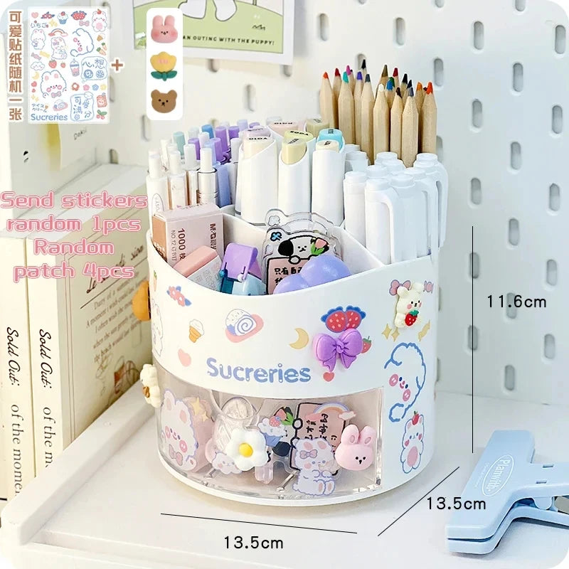 Cute Rotating Pen Holder Desktop Drawer Stationery Box Case School Office Desk Kawaii Stationery Storage Box Organizer Stickers Beauty World Shop