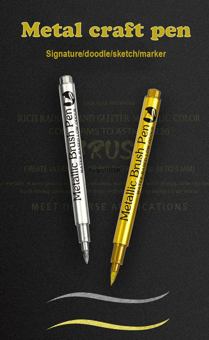 2/1Pc Brush Metallic Marker Pens Gold Silver Color Permanent Art Marker For Manga Crafts Scrapbooking School Stationery Supplies Beauty World Shop