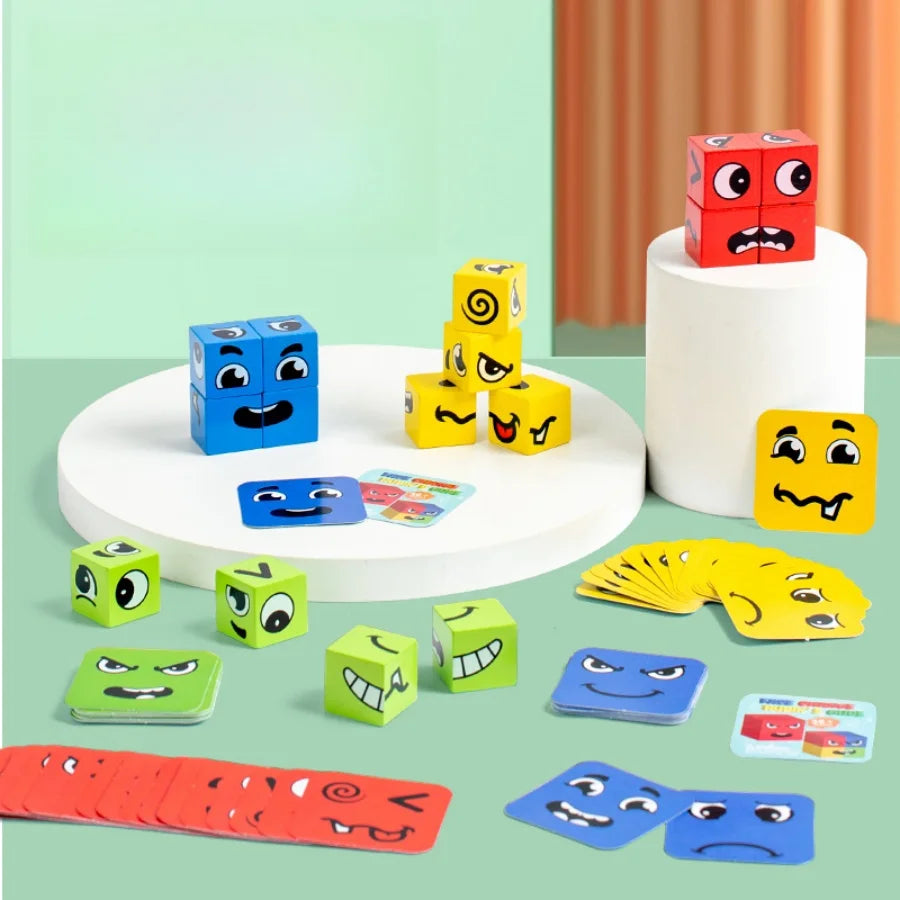 Kids Emotions Expression Game Wooden Cube Face Changing Board Cartoon Puzzle Toy Montessori Thinking Challenge Games Beauty Fashion