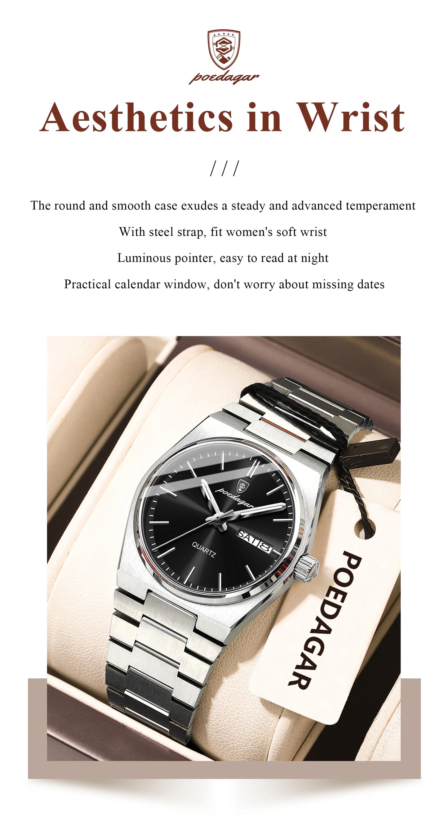 POEDAGAR Elegant Woman's Watch Date Week Waterproof Luminous Ladies Clock Quartz Stainless Steel Fashion Watches For Women Reloj Beauty World Shop