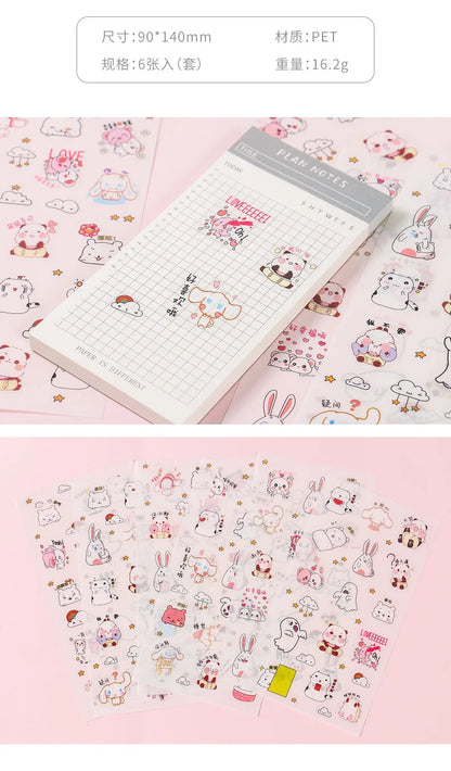 6Pieces/Set Transparent Pvc Waterproof Cartoon Sticker DIY Hand Account Decorative Stickers Kawaii Phone Cup Stickers Beauty World Shop