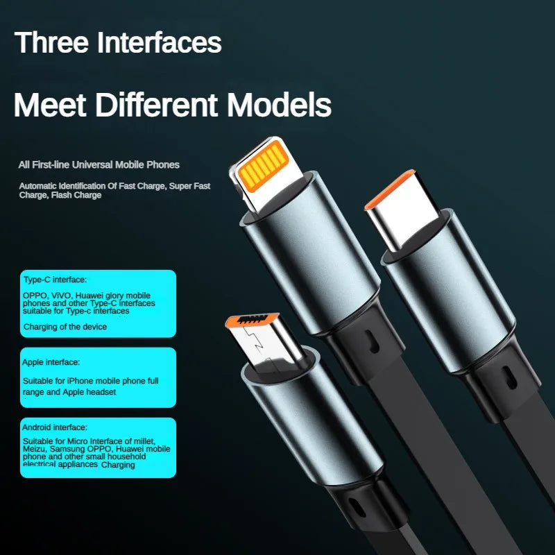 3 In 1 Retractable USB 100W Cable Fast Charging And Data Micro USB Type C For iphone6-14 Android Phone Xiaomi Huawei OPPO Beauty World Shop