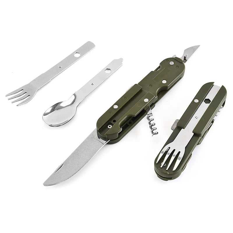 7 in 1 Camping Gear Portable Stainless Steel Spoon Fork Knife and Bottle Opener Combination Set Travel, Backpack Style Tableware Beauty World Shop