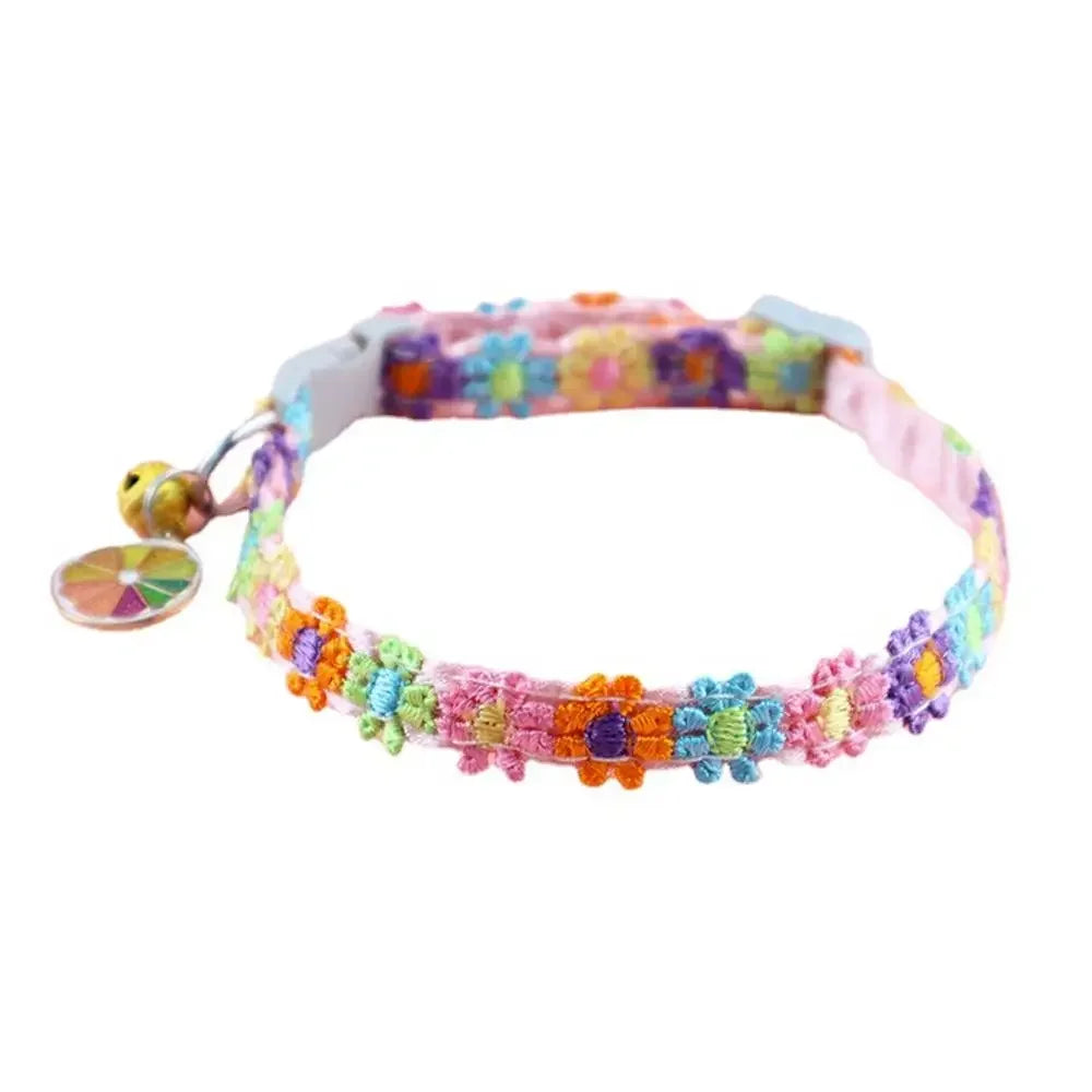 Fashion Rainbow Flower Cat Collar With Bell Kitten Puppy Necklace Adjustable Buckle Colorful Lace Kitten Collar Dog Accessories Beauty World Shop