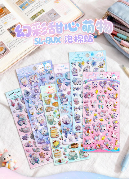 3 pcs/6 pcs Sweet Candy Pets Cat Coffee Cakes Flash Puffy 3D Stickers Scrapbooking Diy Diary Stationery Stickers School Supplies Beauty World Shop