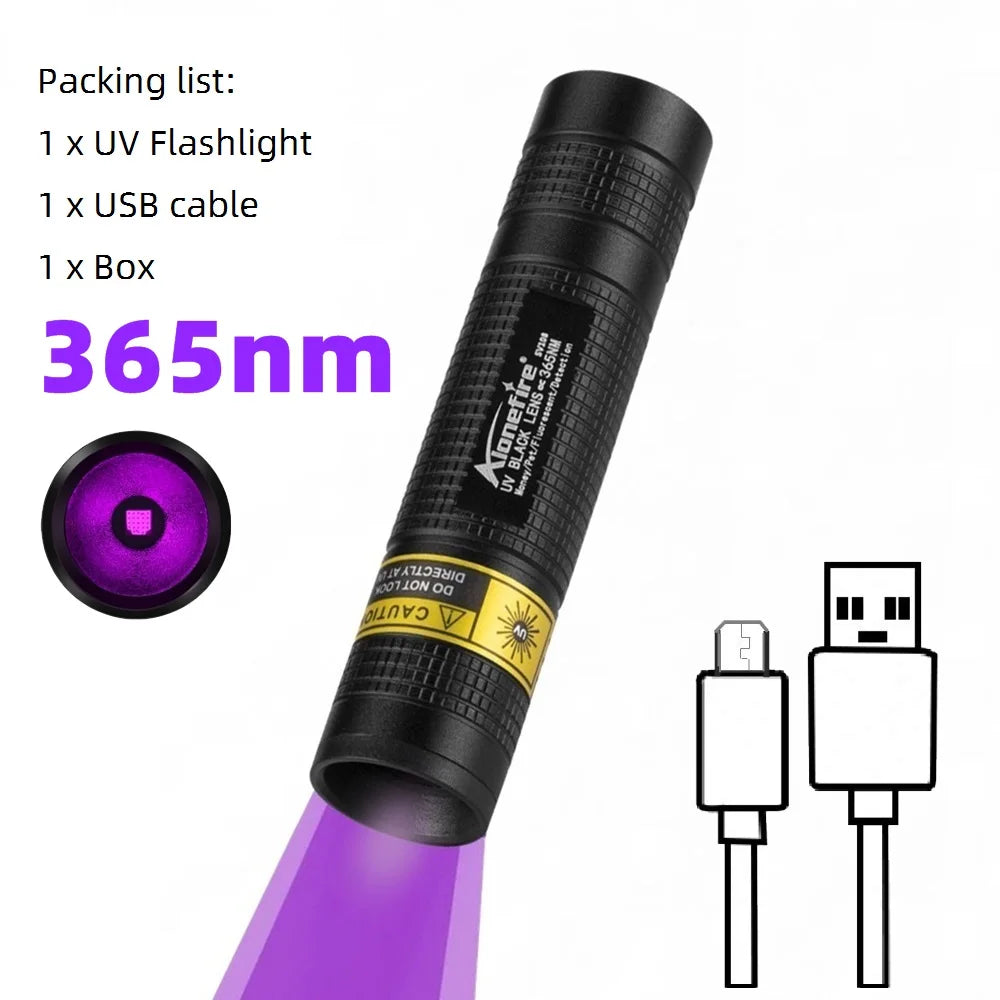 365nm Mini UV Led Blacklight Flashlight Usb Rechargeable Nail lamp Pet Stain Leakage Marker Ore Money Scorpion Detection lights Beauty World Shop