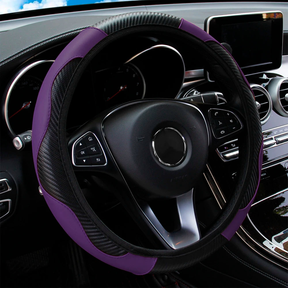 PU Carbon Fiber Leather Car Steering Wheel Cover without Inner Ring Suitable for 14.5-15 Inches of Automotive Supplies Beauty World Shop