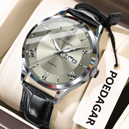 POEDAGAR Business Brand Men Clock Waterproof Luminous Date Week Fashion Man Wristwatch Leather Luxury Men's Quartz Watches Reloj Beauty World Shop