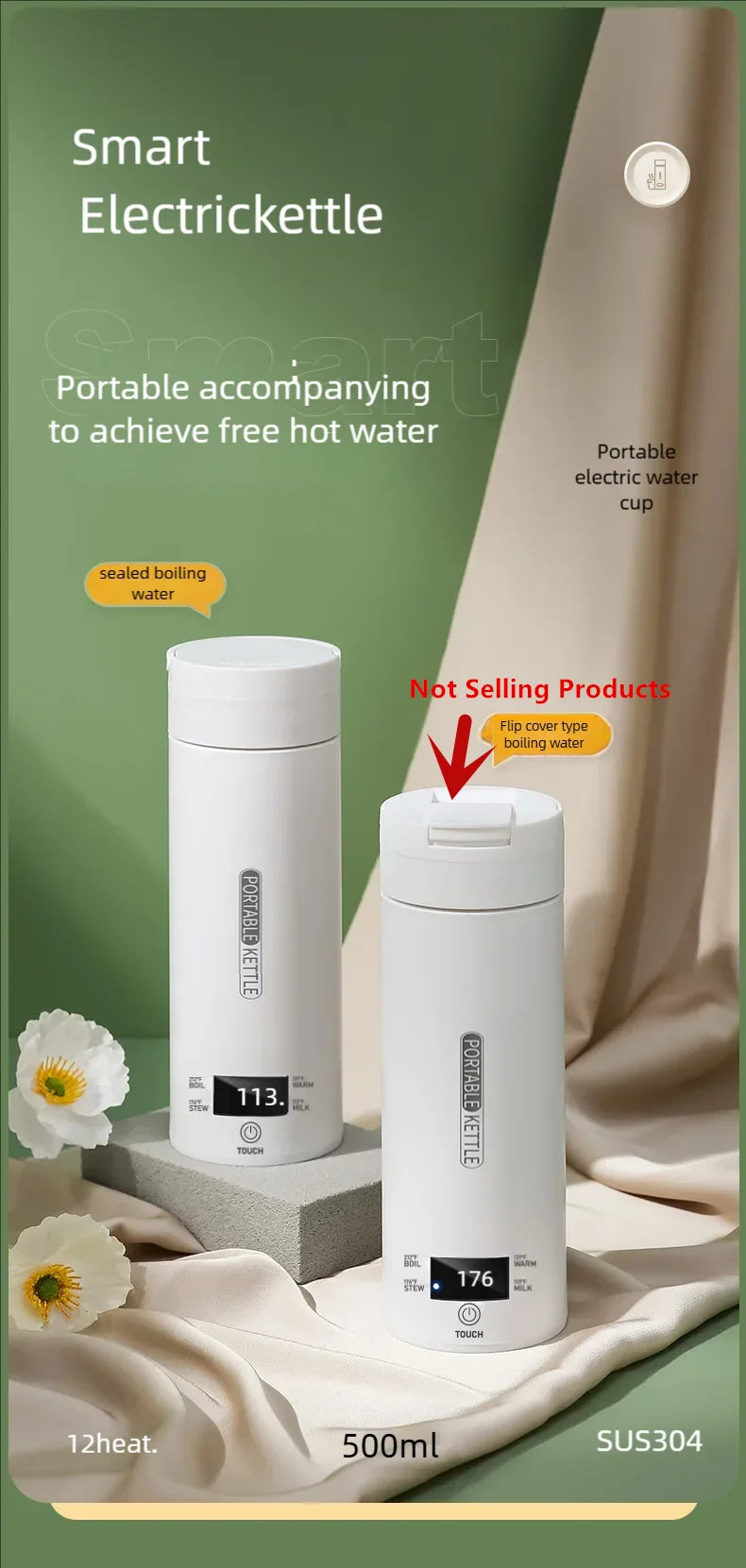 JFBONIN Electric Kettles Portable Tea Coffee Kettle Travel Boil Water Thermal Cup Anti-Scald Water Bottle English Menu Beauty World Shop