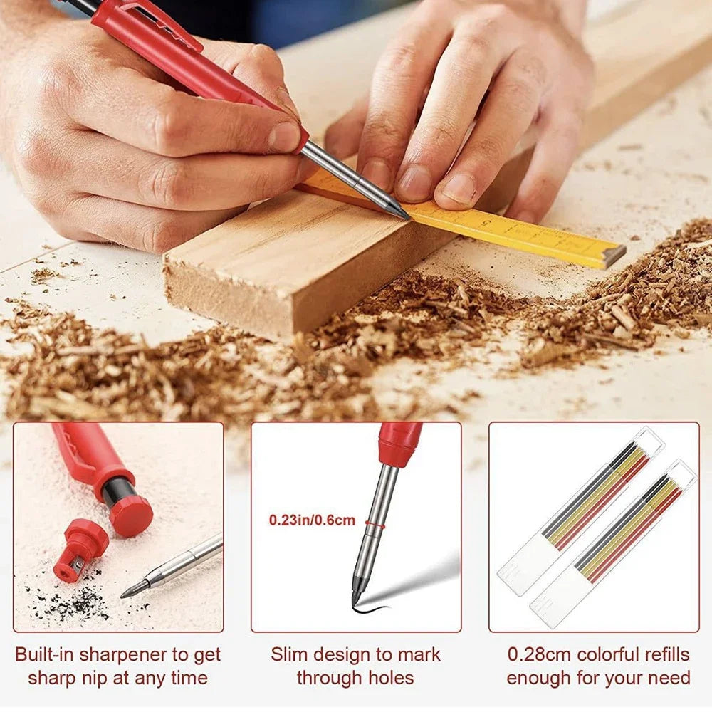 Solid Carpenter Pencil With Refill Lead And Built-in Sharpener For Deep Hole Mechanical Pencil Scribing Marking Woodworking Tool Beauty World Shop