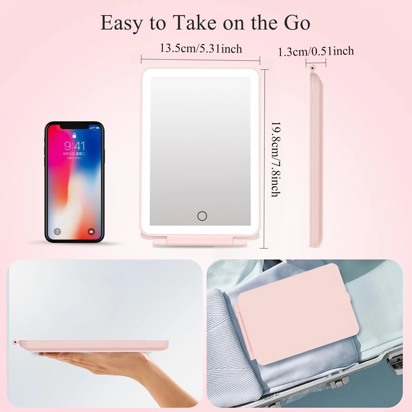 LED Folding Travel Makeup Mirror 3 Colors Light Modes USB Rechargeable Touch Screen Portable Tabletop Cosmetic Mirror Beauty World Shop
