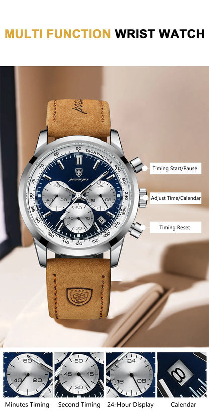 POEDAGAR Top Brand Men's Quartz Watch Waterproof Luminous Chronograph Military Man Watch Luxury Fashion Leather Watches For Men Beauty World Shop