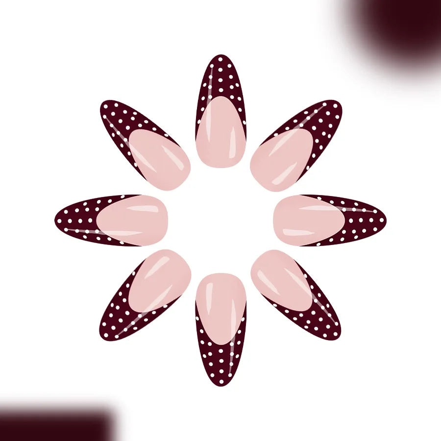 Sweet French Tip Press On Nails Medium Almond Shape Glossy Red White Polka Dot Fake Nails 24pcs Beauty World Shop