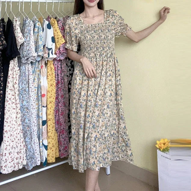 Spring Summer Elastic Waist Chiffon Dress Women Casual Dresses Fashion Female  Vestidos Short Sleeve Pleated A-line Dresses Beauty World Shop
