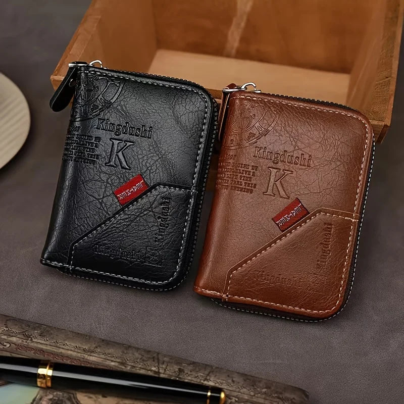 Vintage PU Leather Slim Wallet - Zipper RFID Blocking 11-Slot Card Holder, Retro Style Gift for Men & Women, Classic Design Beauty World Shop
